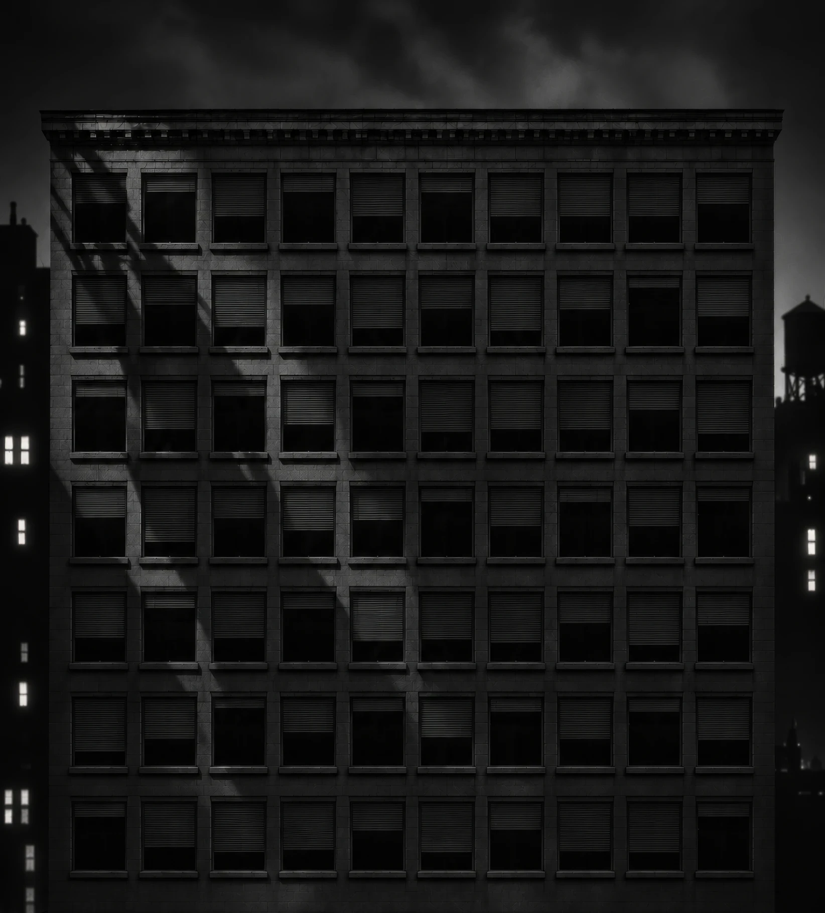 An apartment building at night, seventy windows, most dark with blinds drawn